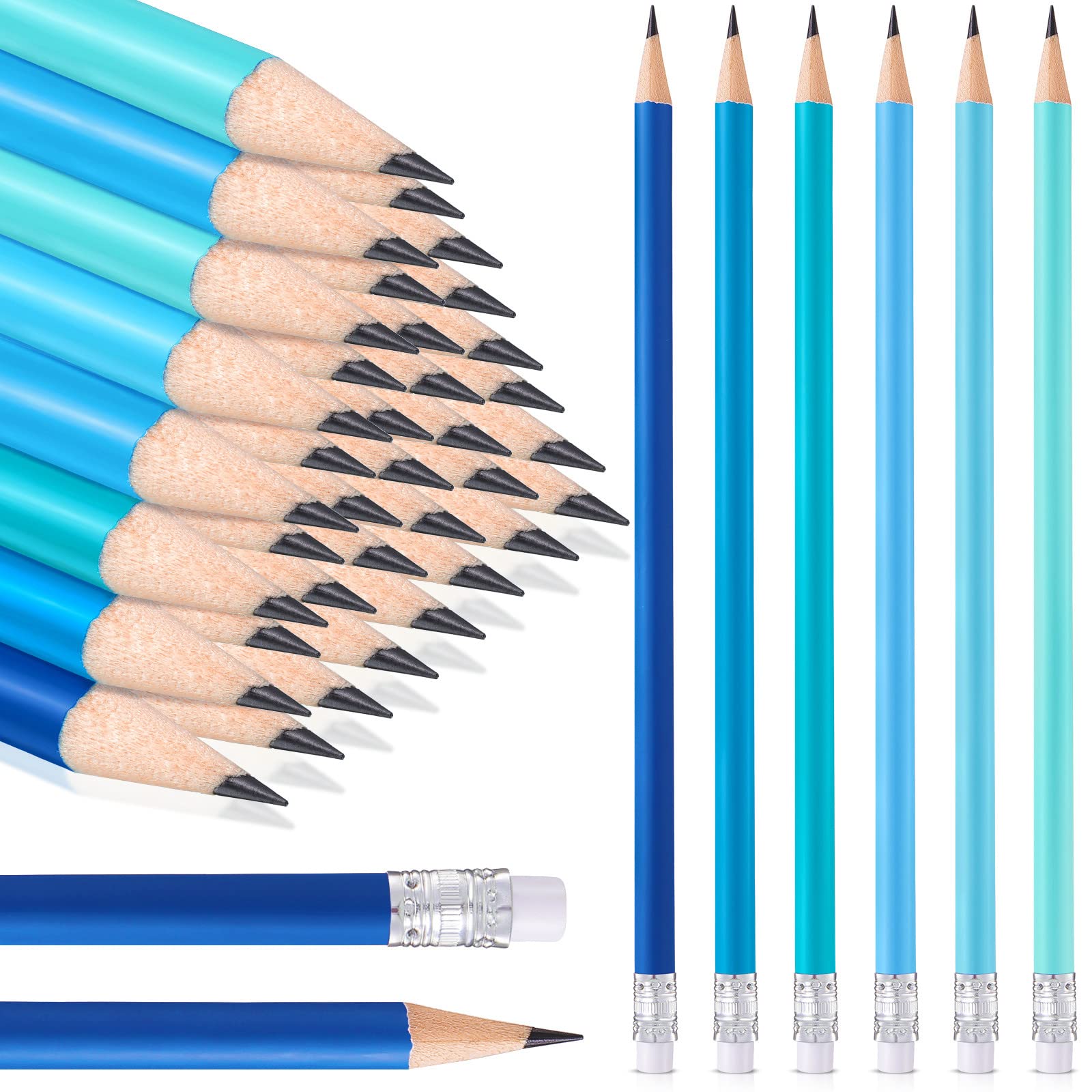 Chengu 36 Pack Coastal Blue Pencils With Eraser For Kids Unsharpened Fun Cute Erasable Checking Wooden Summer Pencils For Teens